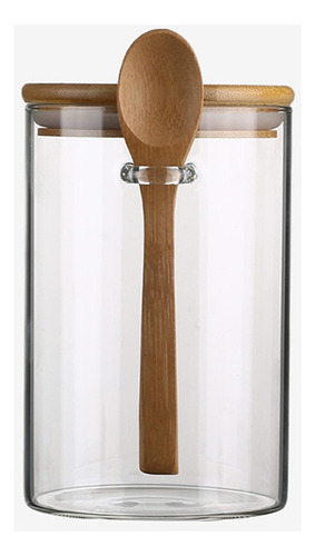Frasco De Vidrio Redondo C/ Tapa De Bambu 730ml Y Cuchara Color Transparente