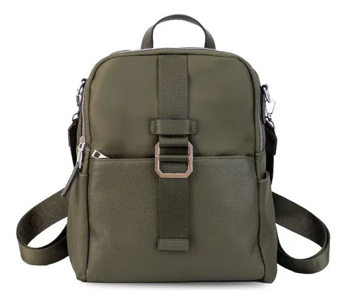 Mochila Impermeable Combinada En  Simil Cuero Lincolns Verde Militar