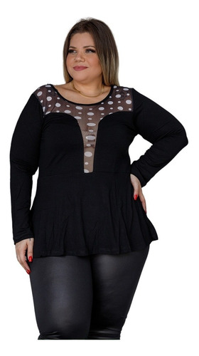 Blusa Feminina Peplum Manga Longa Decote Em Tule Plus Size