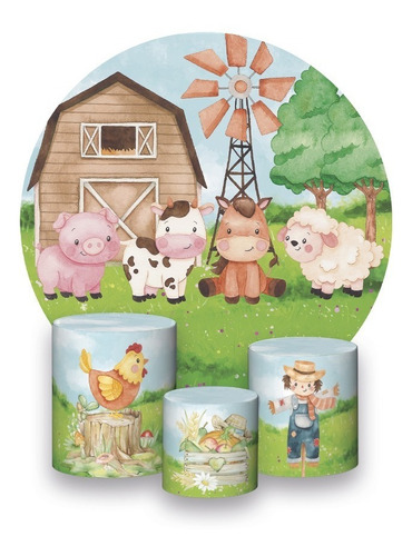 Painel De Festa 1,5x1,5+trio Capa Cilindro - Fazendinha Céu