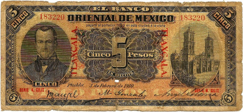 Billete De Revolucion 5 Pesos Puebla Resello De Tlaxcala