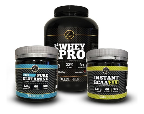 Pack Proteina - Whey Pro 5 Lb + Glutamina + Bcaa Sabor Frutilla + Sin Sabor