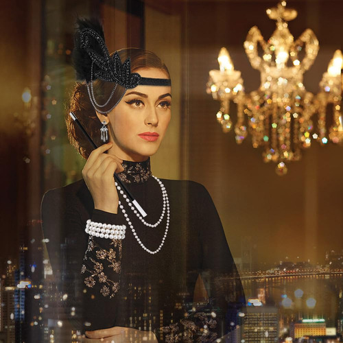 Diadema Gatsby De Los Años 20 Para Mujer, 6 Juego De Accesorios De Disfraz De 1920s Flapper Gatsby, Accesorios Para Disfraces De Fiesta Rugientes Con