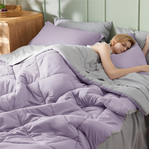 Juego Edredon Y Ropa De Cama Individual Color Lila Y Gris