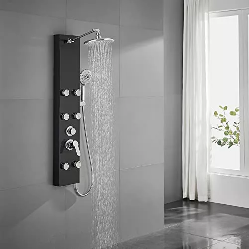 ROVATE Sistema de torre de panel de ducha con cabezal de ducha ajustable,  columna de ducha negra con 6 chorros de masaje corporal y 5 funciones,  ducha
