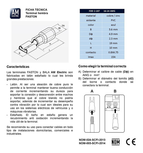 Terminal Macho Y Hembra Faston 16-14 Awg 187 100 Pares Am-e