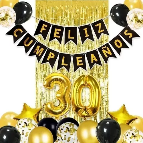 Decoracion Globos dorado negro Cumpleaños Happy Birthday Cortina