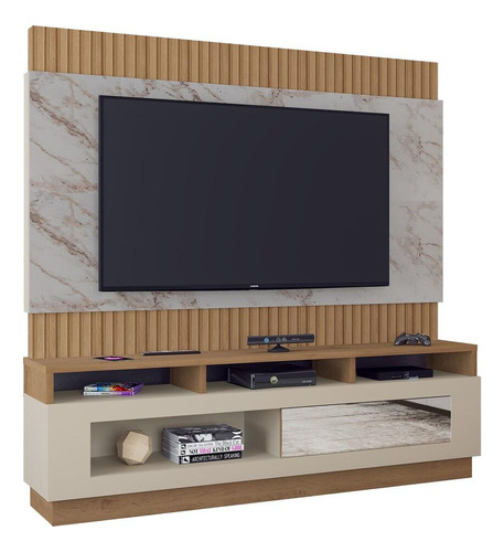 Rack Com Painel Tv Até 65 Com 1 Porta Multimóveis Cr45212 Cor Canelato Rústico 3D/Granit/Natura Off White