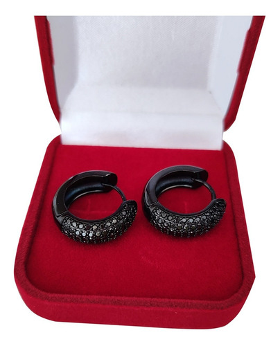 Imagem 3 de 7 de Brinco Feminino Argola Zirconia Negra Banhado Ródio Negro