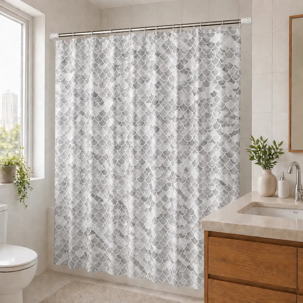 Cortina Box Vinil Antimofo Impermeável Estampada 1,35m X 2m Cinza Claro