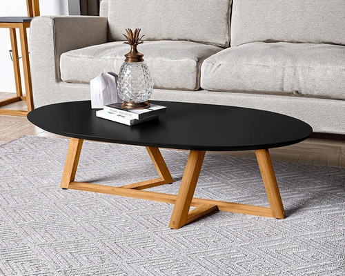 Mesa De Centro Sala Classic Oval Com Pés Em Madeira Maciça Cor Preto/Amendoa