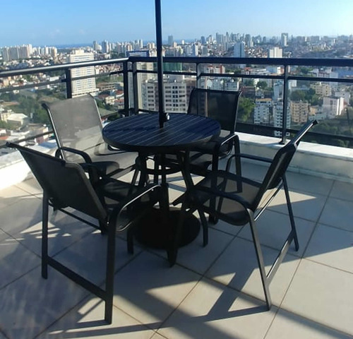 Jogo Conjunto De Mesa Ripada 90cm 4 Cadeiras Piscina Jardim Estrutura Preto