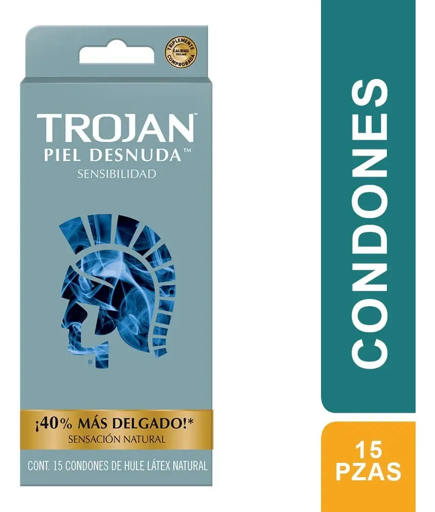Trojan Condones Piel Desnuda Sensibilidad Caja con 15 piezas. 40% más Delgado, Sensación Increíblemente Natural. Seguridad Comprobada con Lubricante Premium, Bajo Olor a Látex Prob