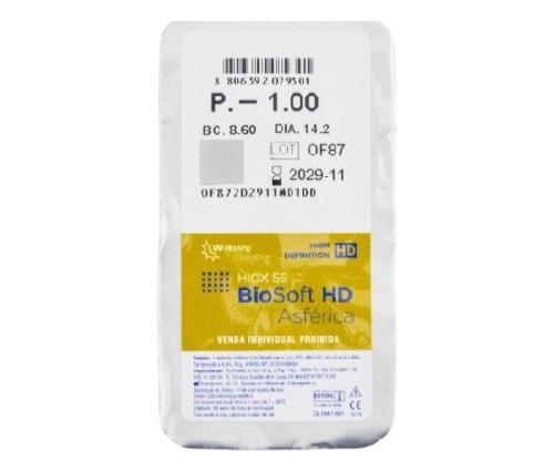 Lente De Contato Biosoft Hd Asférica 02 Caixas Uso Mensal