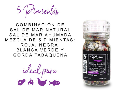 Sal De Mar Ahumada Grano 5 Pimientas Molino 120g Chef Demo