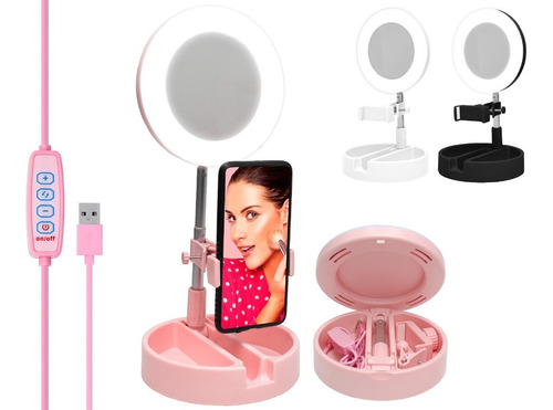 Espejo Selfie Porta Celular Luz Led Ring Light Usb Maquillaj