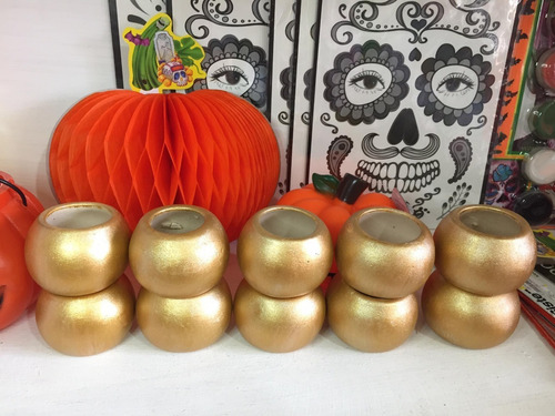 Juego De 10 Porta Velas Dorados, De Ceramica, De 5 Cm