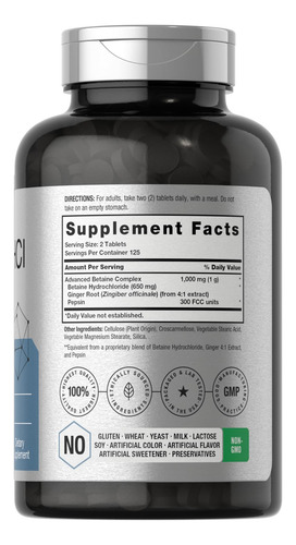 Suplemento Horbäach Betaine Hcl Com Pepsina 1000mg 250 Table