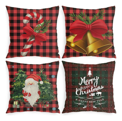 4 Fundas De Cojín Navideñas De Lino Estampadas, 45 Cm