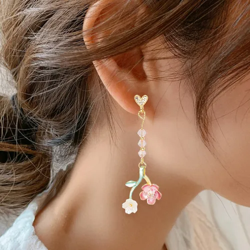 Ay 1par Pendientes Japoneses Largos Con Borlas Con Flores