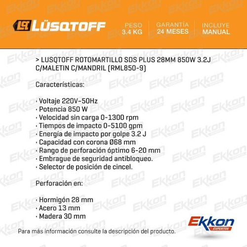 Imagen 2 de 9 de Rotomartillo Lusqtoff Sds Plus 850w 3.2j Maletín Cinceles