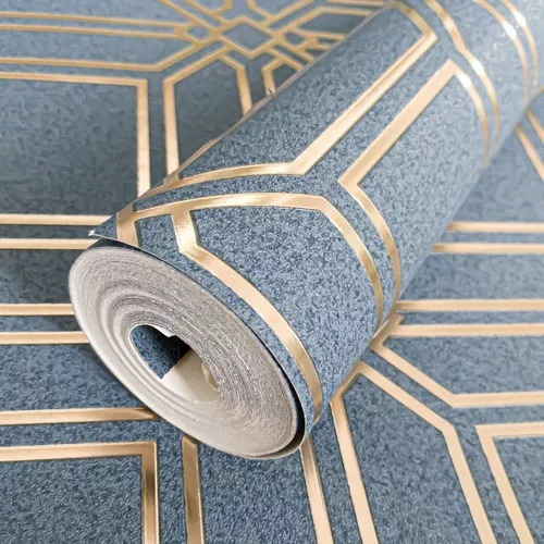 Papel Tapiz Premium Geometric Azul Dorado 10m X 53cm Tpl14