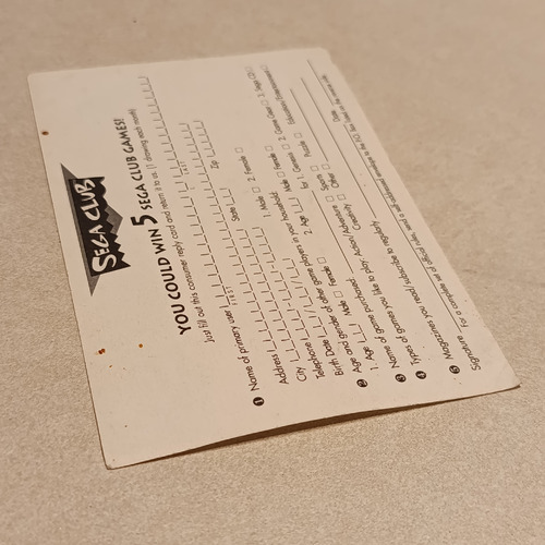 Sega Club Tarjeta De Registro Postal Original Sega Génesis (Usado)