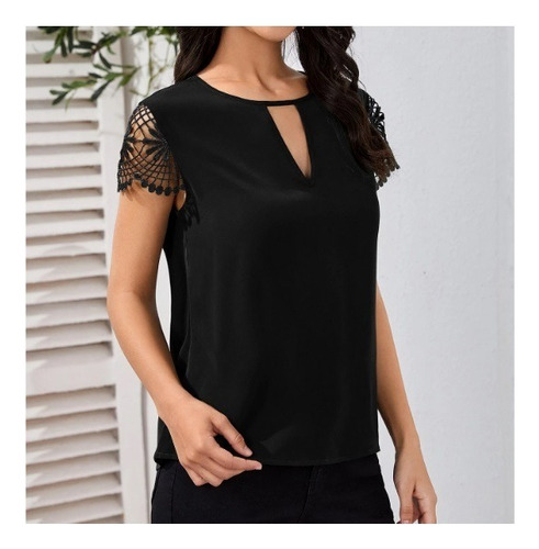 Blusa Negra Mangas De Encaje Talla L En Oferta Por Detalle 