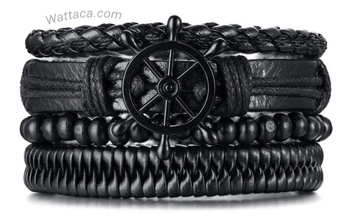Imagen 1 de 3 de Pulsera Brazalete Hombre De Cuero Madera Paracord Set