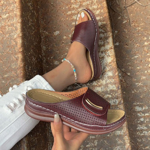 Sandalias De Tacón Bajo Con Cuñas Huecas Y Transpirables Par