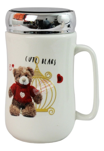 Taza Ceramica Con Tapa Hermetica Espejo Ositos 400 Ml 10593