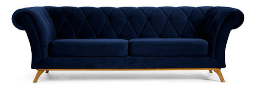 Sofá 3 Lugares Para Sala Império 210cm Veludo Azul C-287 Desenho do tecido Liso