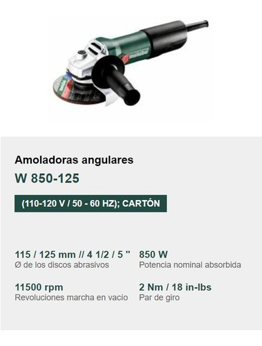 Imagen 3 de 9 de Pulidora Metabo W850 125 - 11.500 Rpm - 4 1/2 / 5 Pulgadas