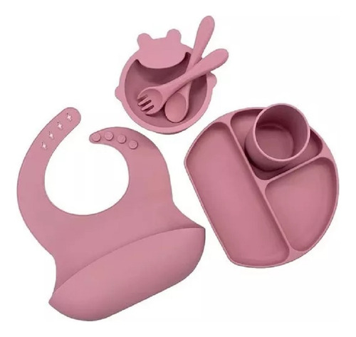 Juego De Cubiertos De Silicona Antideslizante Para Bebé 6pcs Cuchara Tenedor Platos Babero Vaso Color Rosado