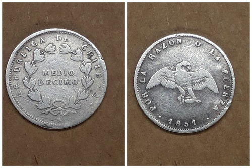 Moneda 1/2 Décimo 1851 Chile, Muy Raro