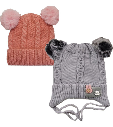Gorro De Bebé Con Pompón Set Dos Piezas Para Frío Invernal 