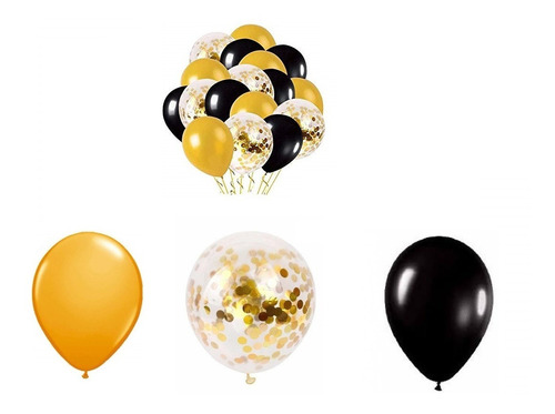 Set 25 Globos Transparente C/ Confetti   Dorado Y Negro 