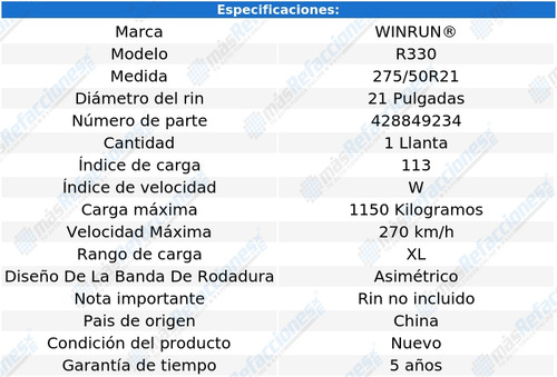 Llanta 275 50 Zr21 113w Xl Winrun R330 Uhp