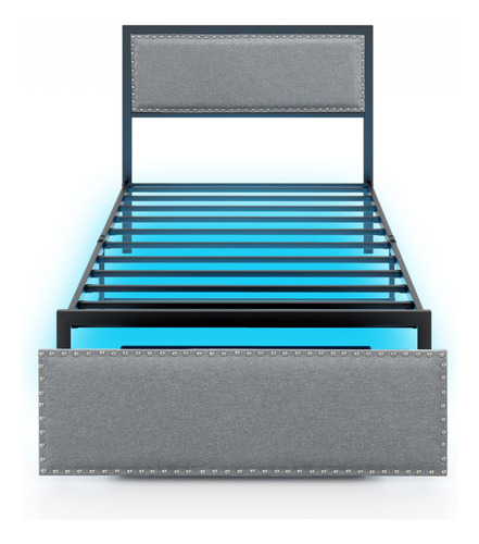 Base De Cama Con Cajon Y Luez Led Gris Listones Gpl