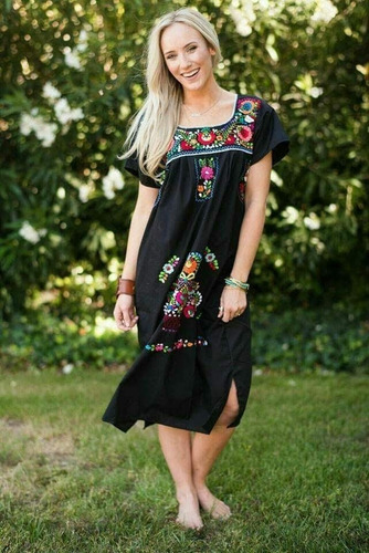 Imagen 1 de 1 de Vestido Bata Artesanal Mexicano Bordado A Mano Tallas Extra