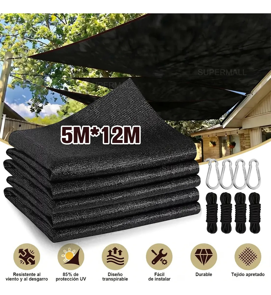 12*5m 85% Sombra Aislamiento Exterior Reforzada 8m De Cuerda