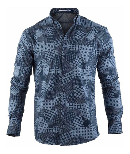 Camisa Hombre Farenheite Azul Estampada Algodón Y Poliéster