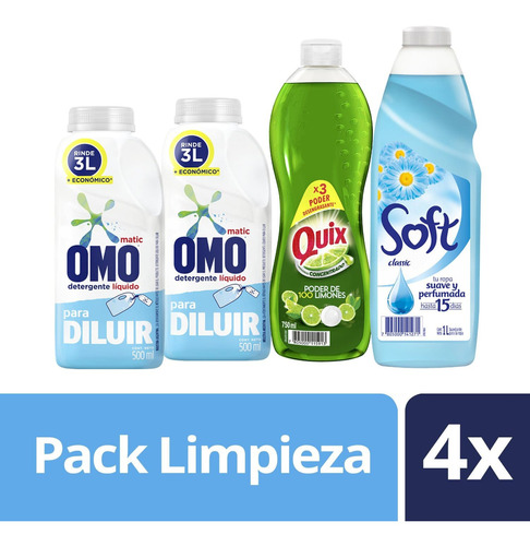 Imagen 1 de 2 de Pack Detergente Líquido 2un 500ml+soft 1l+quix 750ml