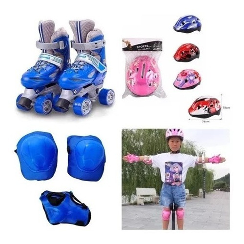 Patines 4 Ruedas Ajustable + Set De Protección Con Casco