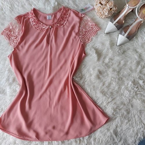 Imagem 1 de 4 de Blusa Feminina Gola Redonda Com Pérolas Moda Evangélica