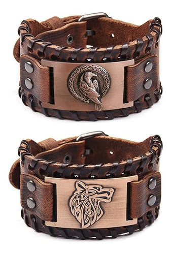 Pulseras Vikingo 2 Piezas Diseño Y Cuervo Odin Pulseras Medi