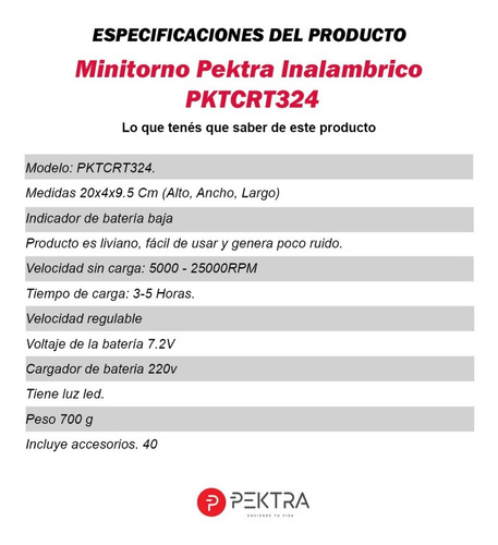 Imagen 10 de 10 de Minitorno Pektra Inalambrico Luz Led Mini Torno 7.2 V Oferta