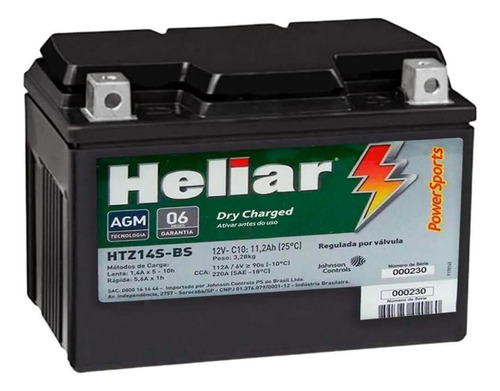 Bateria Moto Htz14s-bs Cb 1300 Heliar 11,2ah Selada