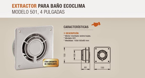 Imagen 2 de 9 de Extractor De Baño 15x15 (4 Pulgadas) Ecoclima Blanco E.a