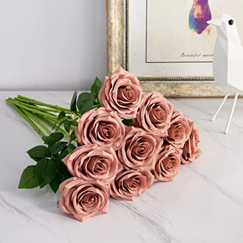 Ramo De 10 Flores Artificiales De Rosas Abiertas, Tallos De